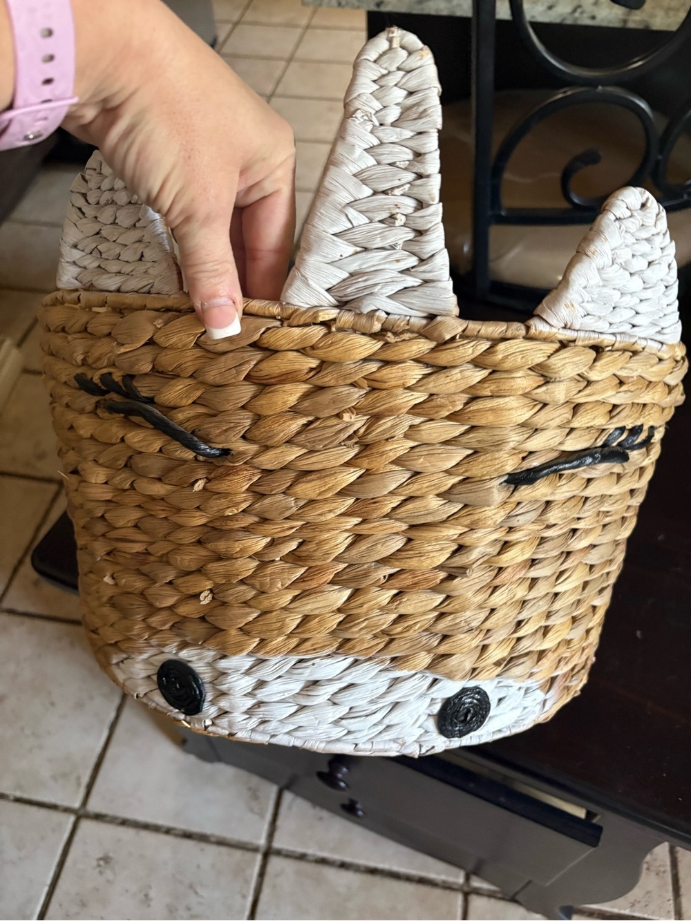 Pottery Barn Kids Woven Straw Cat Basket in Natural and White